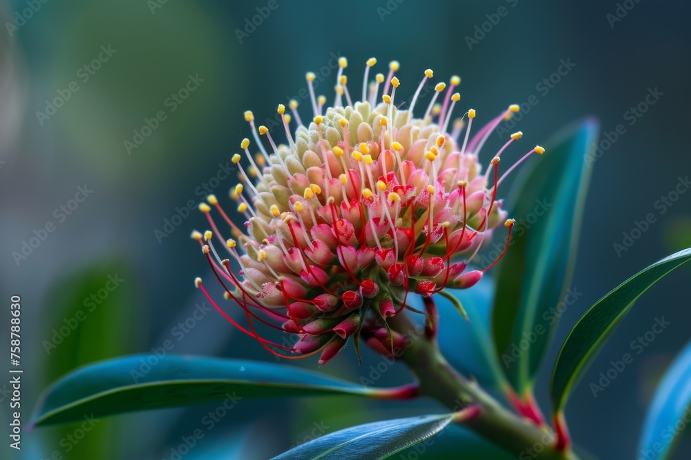 A detailed view of a Hakea flower blooming on a tree, showcasing its intricate petals, vibrant colors, and natural growth in its environment. A detailed view of a Hakea flower blooming on a tree, showcasing its intricate petals, vibrant colors, and natural growth in its environment.