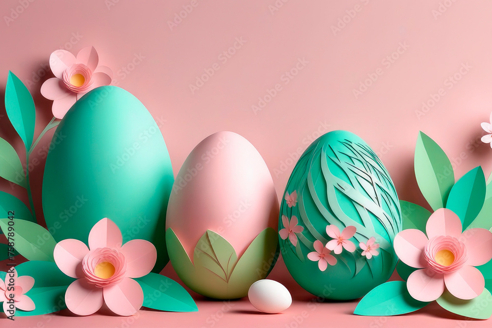 Paper cut style easter background with colorful flowers and Easter eggs in soft pink and mint green colors.