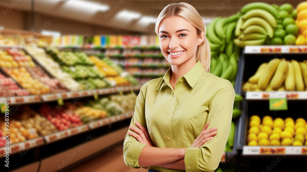 Smiling supermarket fruit section blonde woman worker with crossed arms looking at camera inside supermarket