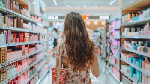 A woman is seen walking down the aisle in a store, browsing the shelves with items on display. The store appears well-lit and organized, with various products visible.