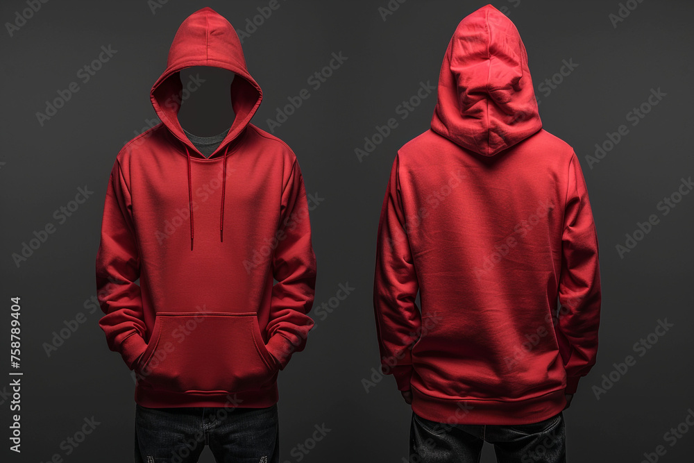 red hoodie front and back side, high quality, dark background, mockup сreated with Generative Ai