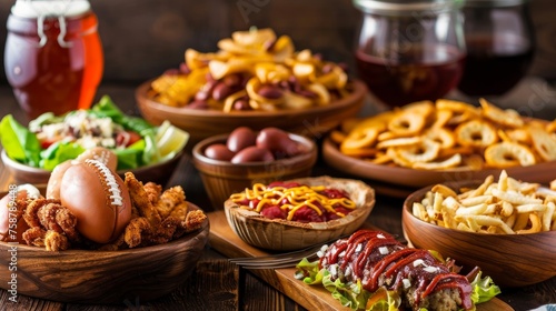 Concept of Super bowl snacks on wooden background 