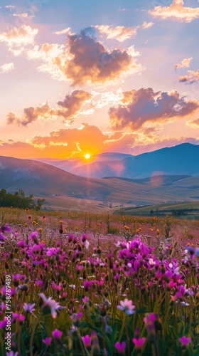 A field filled with a variety of wildflowers under a colorful sunset sky. The flowers are in full bloom, creating a vibrant and lively scene against the setting sun.