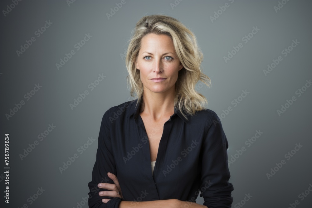 Portrait of a serious businesswoman with arms crossed against grey background Portrait of a serious businesswoman with arms crossed against grey background