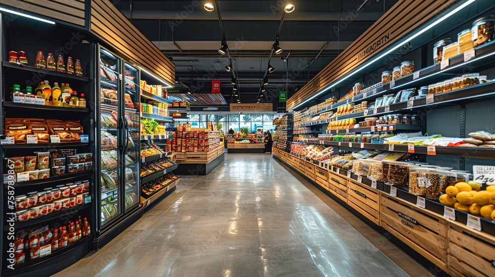 Supermarket heaven. Discover the diverse assortment of products in the long and bright aisle.