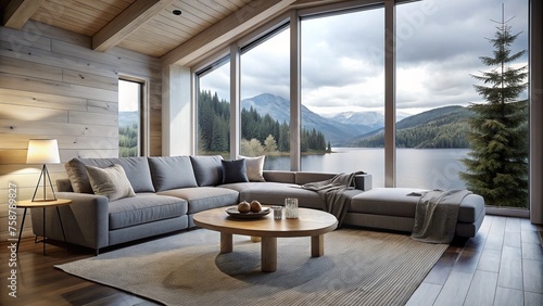 Sofa with grey cushions and tree stump coffee table with candles against window with lake view. Scandinavian home interior design of modern living room in chalet.  © vectorize