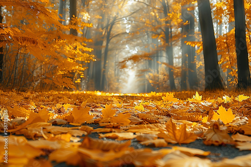 An enchanting autumn forest with a carpet of golden leaves and a crisp