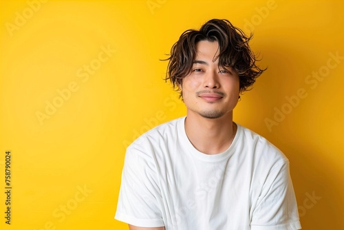 Young happy man looking away on bright yellow background
