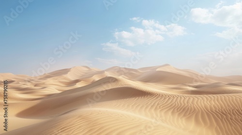 A desert landscape featuring sand dunes under a clear blue sky  showcasing the vast expanse of sandy terrain with undulating patterns.