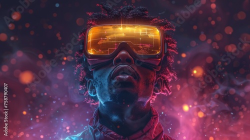 Afro man wearing virtual reality goggles against a colorful background.