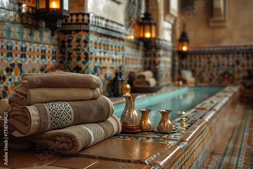 Elegantly folded towels beside a tranquil spa pool with ornate moroccan tiles and metal pitchers photo