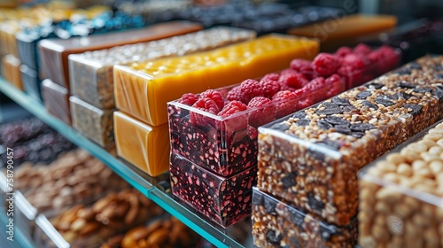 Selection of Colorful Handmade Nougat and Fruit Bars on a shelf in a store photo