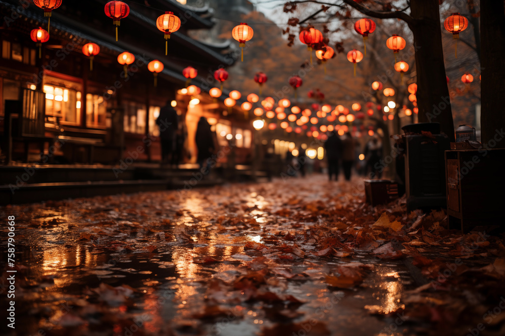 Street of a Chinese city illuminated by lanterns in the evening. chinese new year, celebration lighting