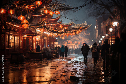 Street of a Chinese city illuminated by lanterns in the evening. chinese new year, celebration lighting