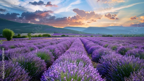 A landscape showing a vast field of blooming lavender flowers under a cloudy sky. The purple flowers fill the scene  contrasting with the grey clouds above.