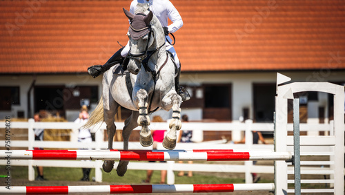 White horse jumps over hurdle. Equestrian show jumping with unrecognizable jockey. Sport event