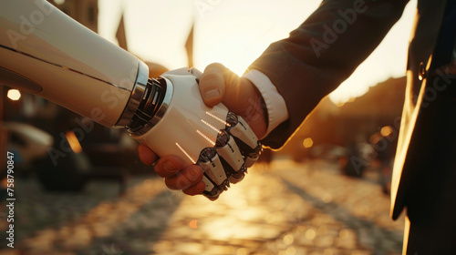 Close-up of human leader shaking AI hand in sunlight #758790847
