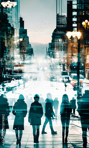 City hustle captured in multiple exposures; teal and amber hues paint a busy street scene. Perfect for themes of daily urban life and the flow of time. photo