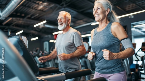 a happy and healthy couple in their 60s engaged in running exercises on the treadmill inside a gym