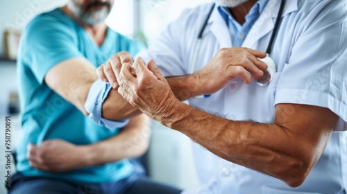 an image of male medical staff holding the forearm and elbow of a male patient inside a clinic photo