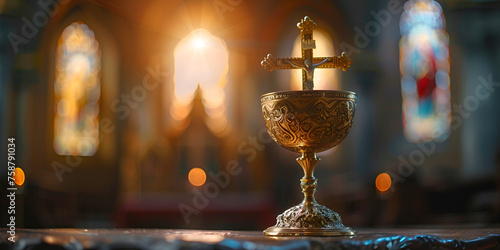 Golden chalice on the altar during the mass in church, Eucharist feast of corpus in the monstrance present in the sacrament of the eucharist, 