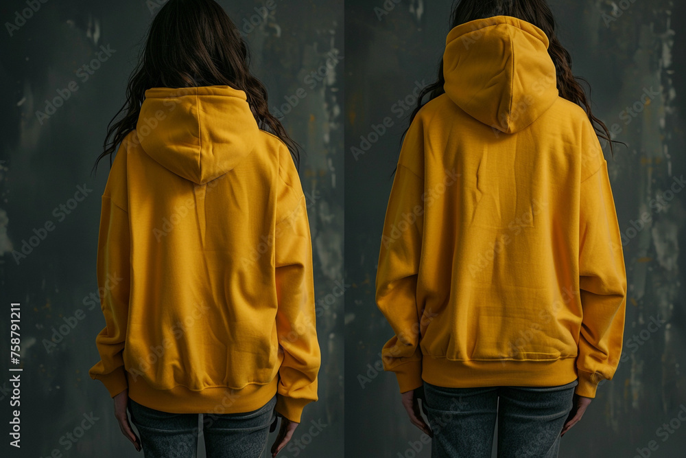 Yellow hoodie front and back side, high quality, dark background, mockup сreated with Generative Ai Yellow hoodie front and back side, high quality, dark background, mockup сreated with Generative Ai