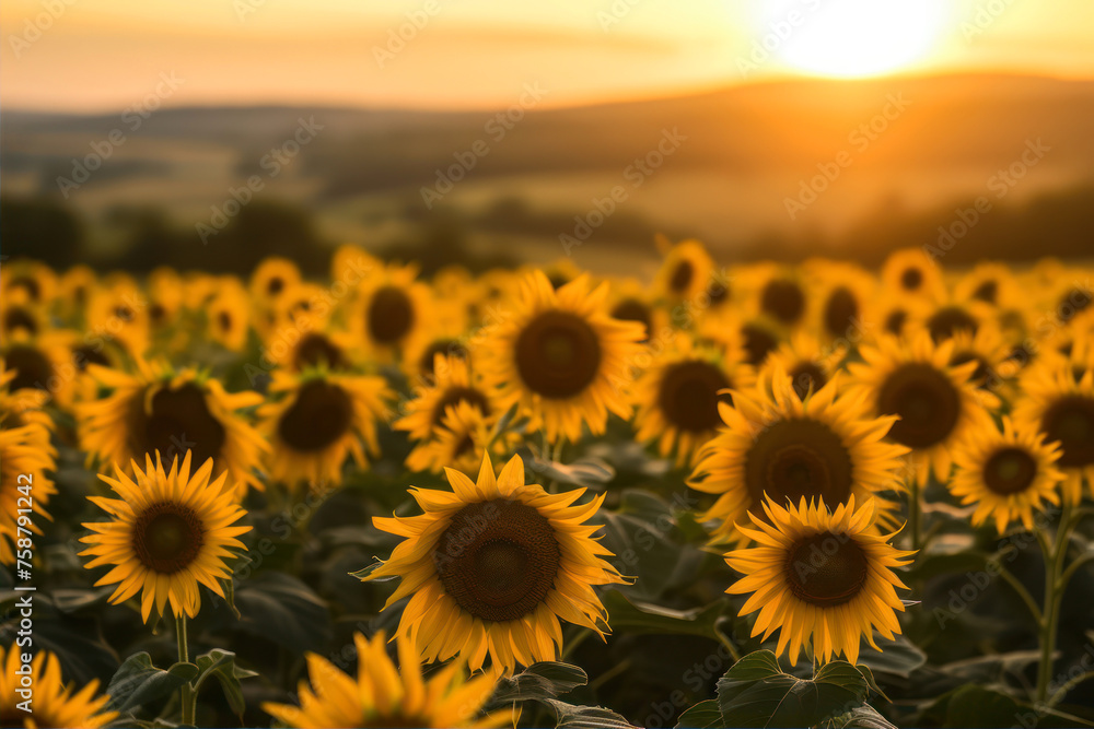 Sunflower field at sunset in summer. Sunflower natural background.