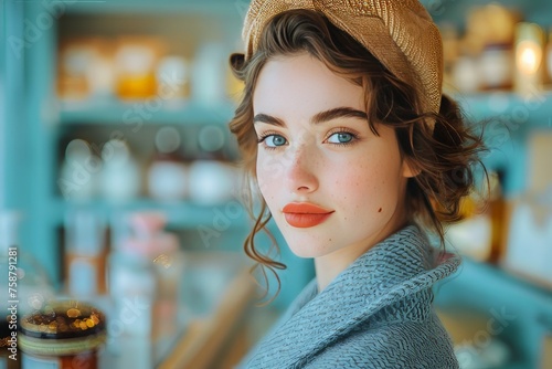 Young beautiful woman in store shops cosmetics photo