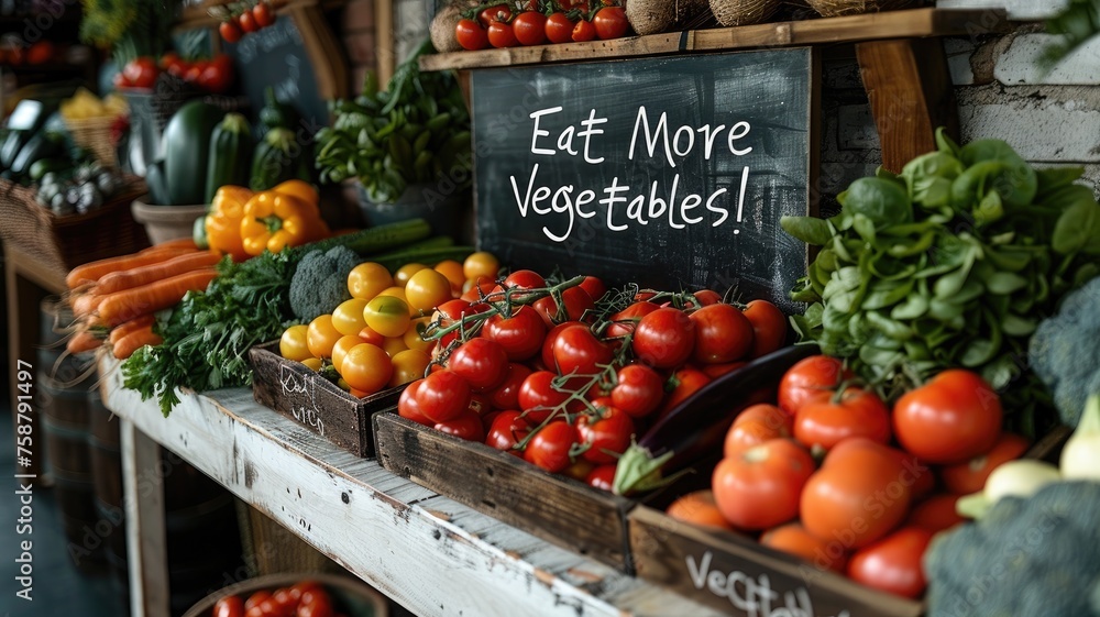 a vibrant assortment of fresh vegetables elegantly arranged on a contemporary white table, accompanied by a persuasive sign encouraging viewers to Eat More Vegetables.