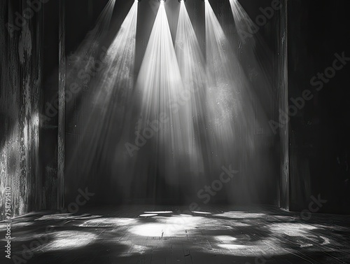 Stage bathed in spotlight, setting the scene for contemporary dance--empty yet evocative, with monochromatic hues. A canvas for artistic expression, inviting entertainment and awe