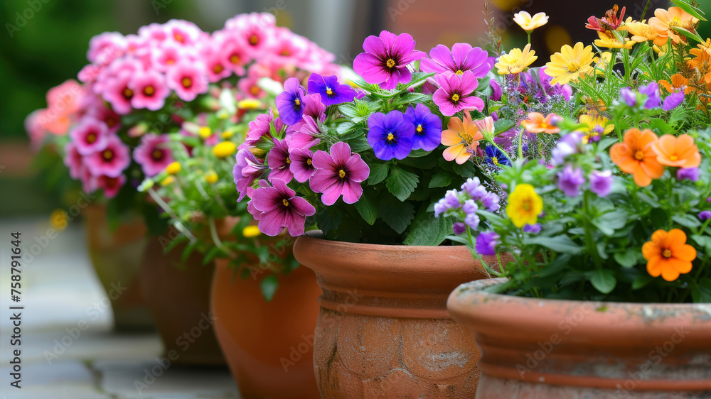 Beautiful spring flowers in terracotta pots on the terrace