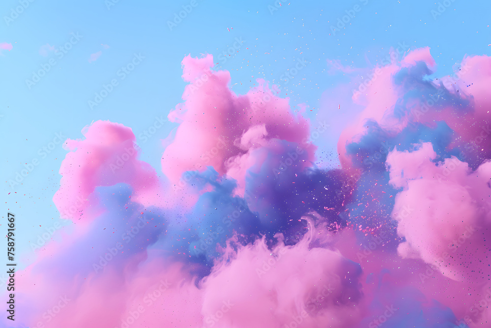Explosion of blue and pink dust or paint, blue and pink pastel paints on a blue background, space for text