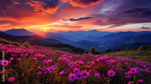 Amazing mountain landscape with colorful vivid sunset. Sunset in summer mountains