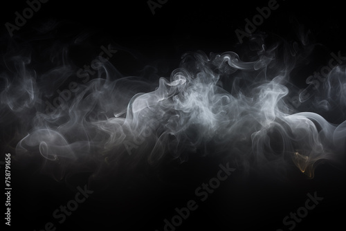 Smoke clouds, steam mist fog and white foggy vapor. Realistic smoke particles isolated on black background. Beautiful swirling gray smoke.