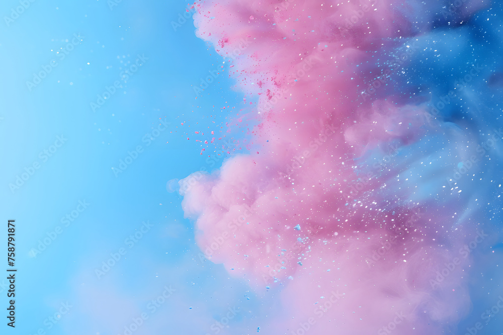 Fototapeta premium Explosion of blue and pink dust or paint, blue and pink pastel paints on a blue background, space for text