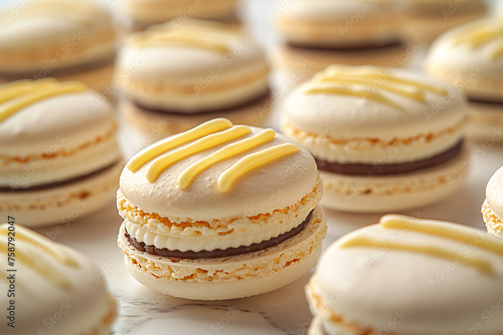 Tasty fruits flavored sweet cookies Cheesecake macarons filled with pumpkin cheesecake filling