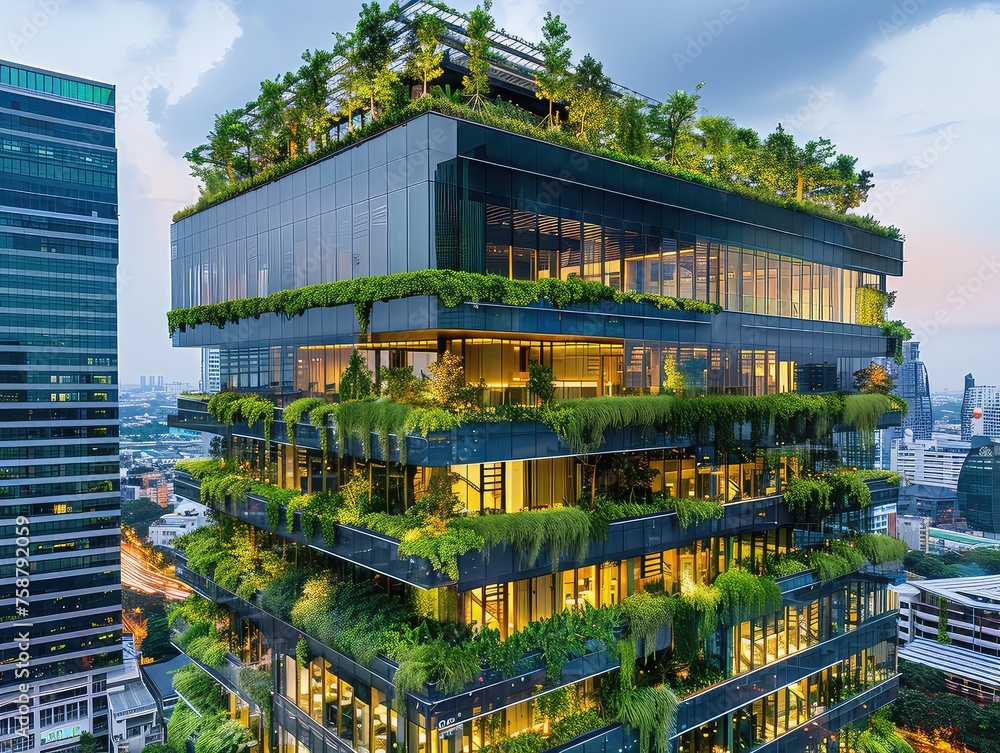 Amidst the urban landscape, a modern eco-friendly building emerges--a sustainable glass office structure with integrated trees actively reducing carbon dioxide. This corporate edifice exemplifies