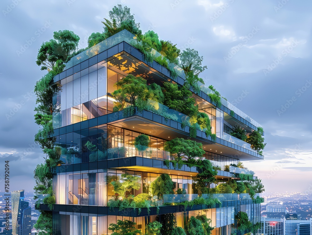 In the modern cityscape, an eco-friendly building stands tall--a sustainable glass office structure with integrated trees, actively reducing carbon dioxide
