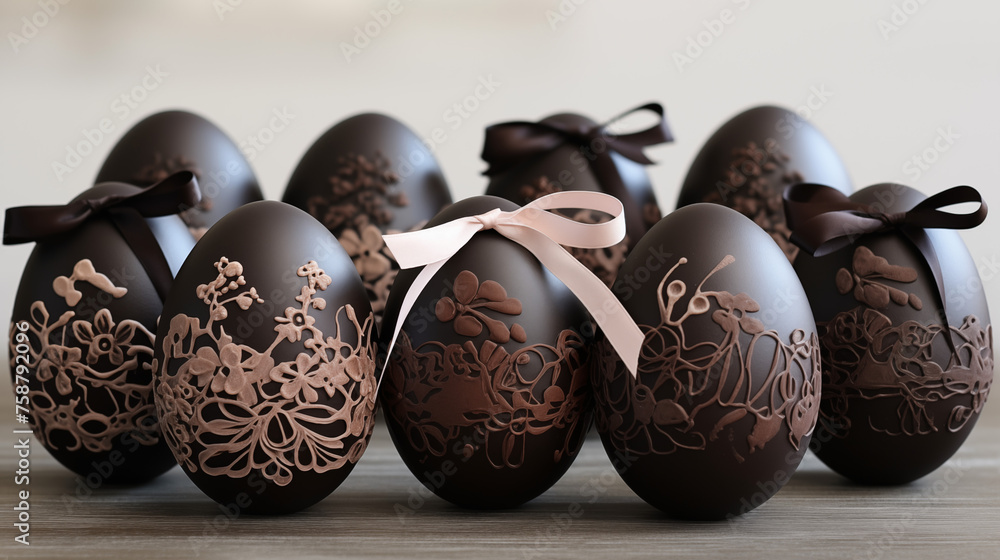 Obraz premium Jolis petits oeufs en chocolat de Pâques, avec motifs décoratifs et ruban de soie. Oeuf et chocolat de Pâques. Nourriture, sucré, bonbon. Pour conception et création graphique.