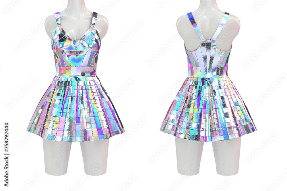 Front and back view of a mirrored sequin mini dress template. Reflective sequins for a dazzling effect, ideal for nightlife and performance wear, mockups for design and print, isolated on a white or t Front and back view of a mirrored sequin mini dress template. Reflective sequins for a dazzling effect, ideal for nightlife and performance wear, mockups for design and print, isolated on a white or t