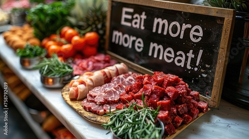 various fresh meats accompanied by a bold sign proclaiming Eat more meat atop a sleek, white modern table for a tantalizing culinary display.