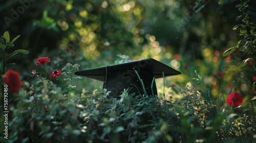 Graduation cap in garden , congratulations