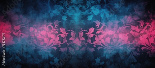 Distressed damask pattern in blue and pink colors on black background.