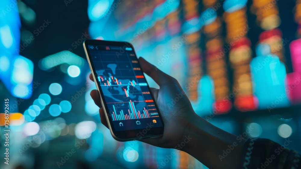 hand holding cellphone with stock exchange screen - obrazy, fototapety, plakaty 
