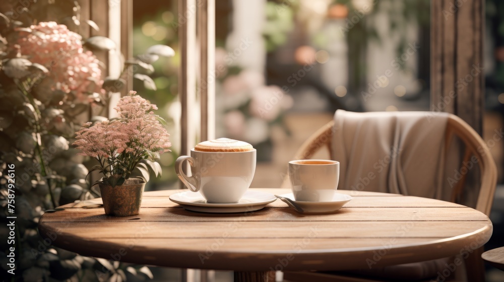 Generative AI Paper coffee cup mockup in a tranquil cafe scene
