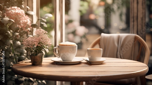 Generative AI Paper coffee cup mockup in a tranquil cafe scene