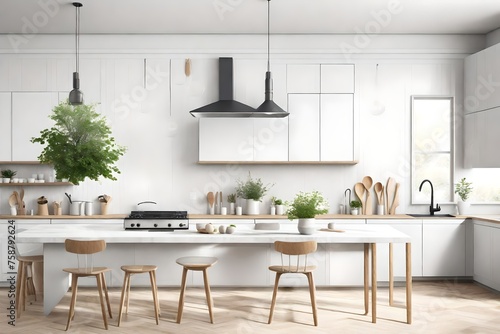 modern kitchen interior with kitchen  Step into the serenity of coastal living with an AI-generated image showcasing a white blank empty space kitchen countertop adorned with kitchen utensils and an i