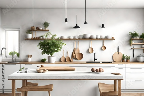 kitchen interior with kitchen, Step into the serenity of coastal living with an AI-generated image showcasing a white blank empty space kitchen countertop adorned with kitchen utensils and an indoor p