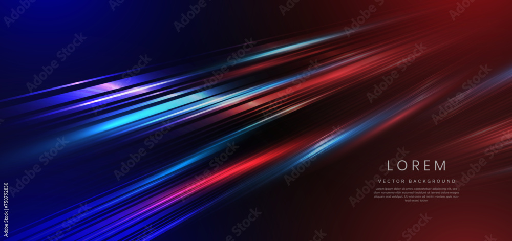 Abstract technology futuristic neon geometric glowing blue and red diagonal light lines with speed motion blur effect on dark blue background. Abstract technology futuristic neon geometric glowing blue and red diagonal light lines with speed motion blur effect on dark blue background.