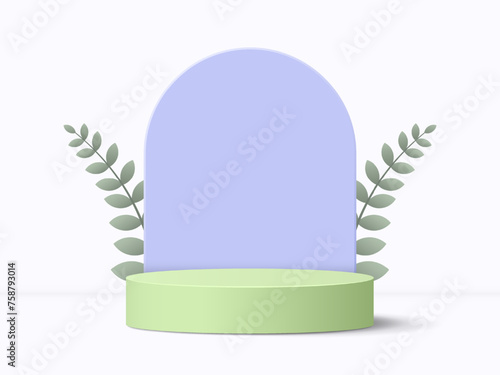 3d green podium with violet backdrop and leaves design. Abstract pastel colored Showcase. Vector illustration